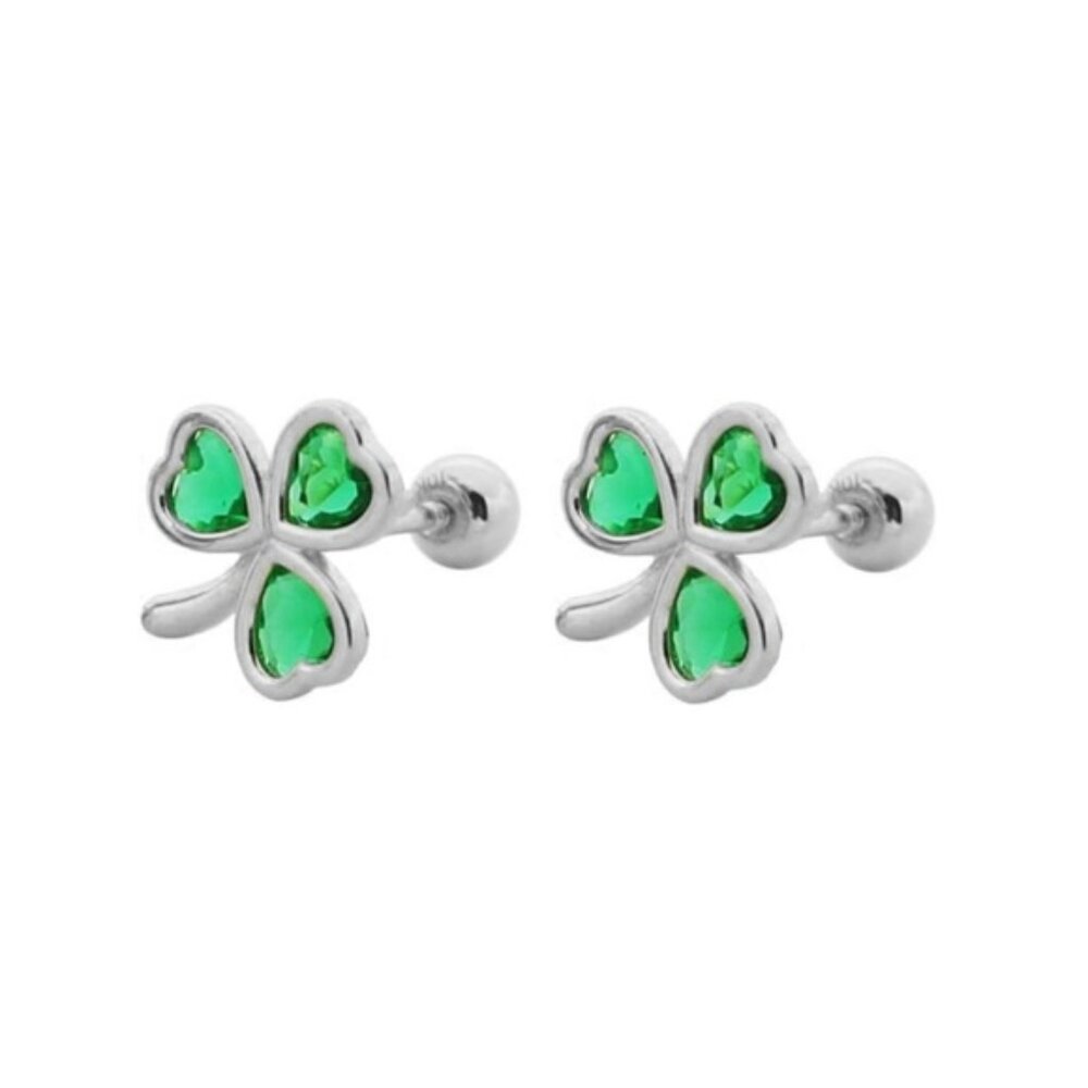 Sterling Silver Clover Stud Earrings  Green Heart Crystal Design
